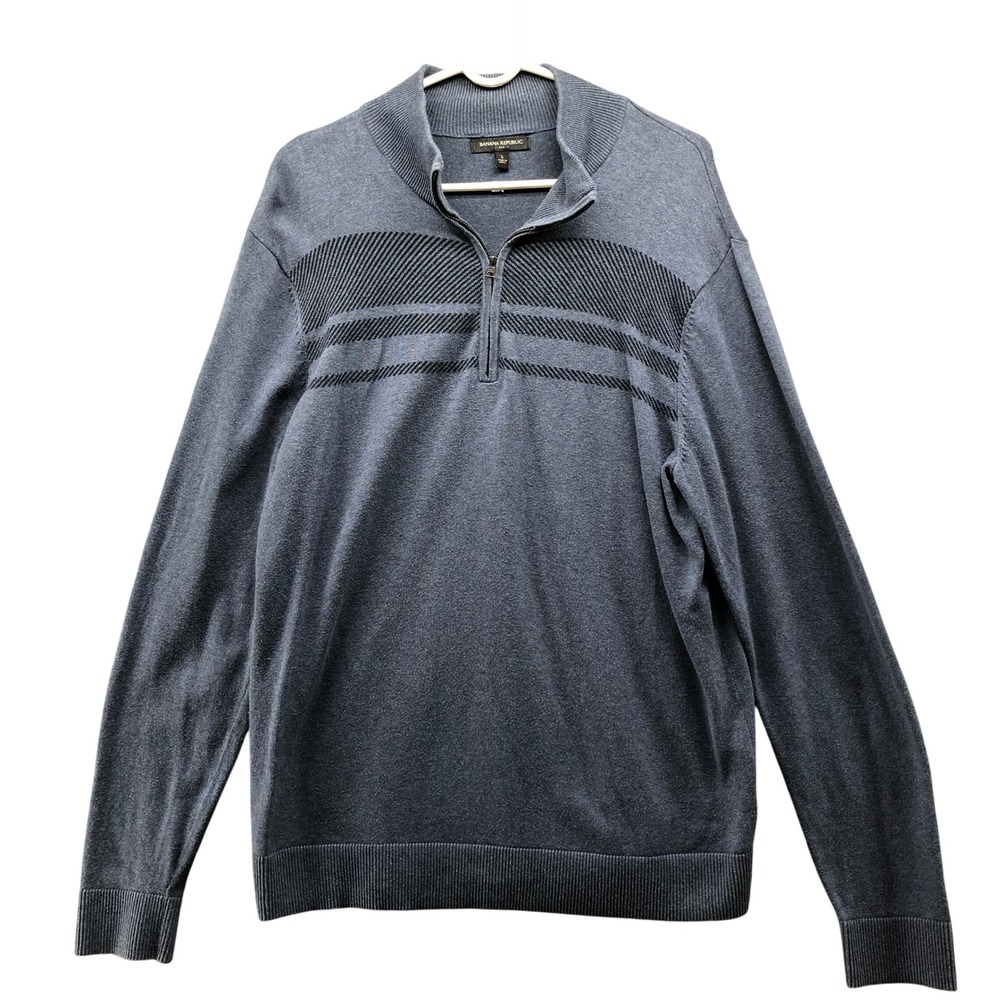 Banana Republic Quarter Zip Sweater Mens L Blue Stripe Cotton Mock Neck Pullover